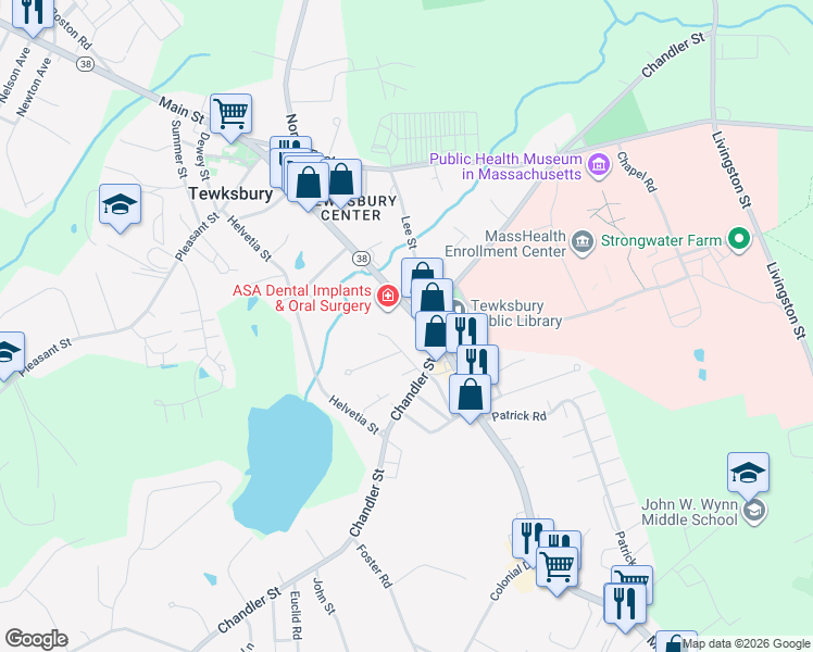 map of restaurants, bars, coffee shops, grocery stores, and more near 1200 Main Street in Tewksbury
