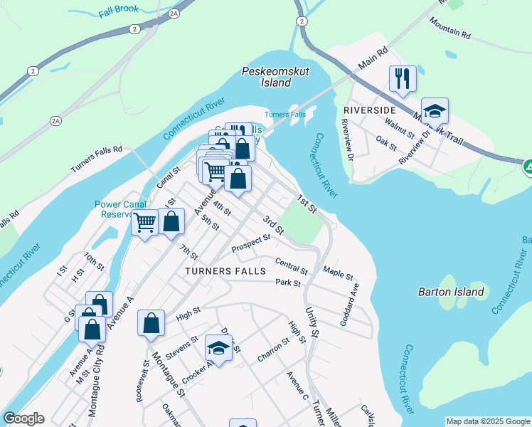 map of restaurants, bars, coffee shops, grocery stores, and more near 141 2nd Street in Montague