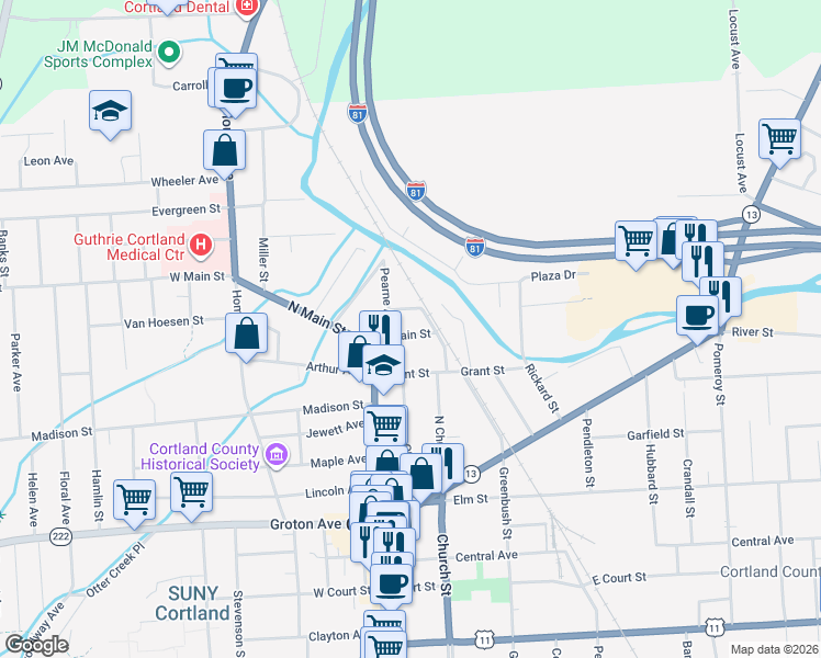 map of restaurants, bars, coffee shops, grocery stores, and more near 12 Harmon Avenue in Cortland