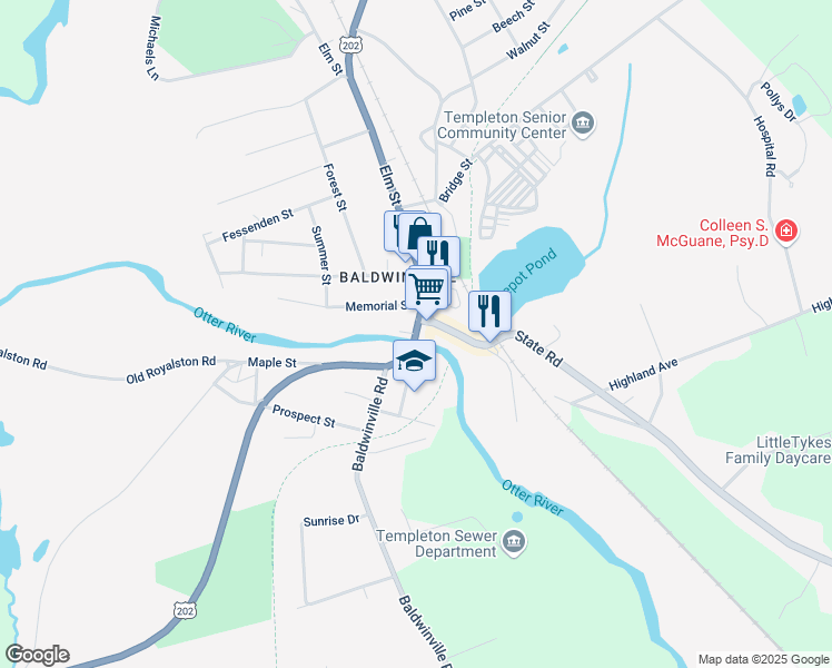 map of restaurants, bars, coffee shops, grocery stores, and more near 16 School Street in Templeton