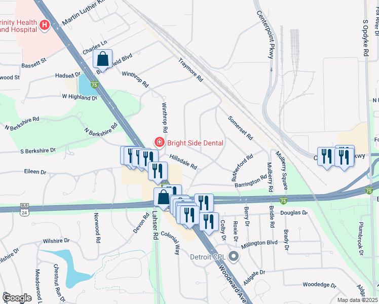 map of restaurants, bars, coffee shops, grocery stores, and more near 2300 Devonshire Road in Bloomfield Hills