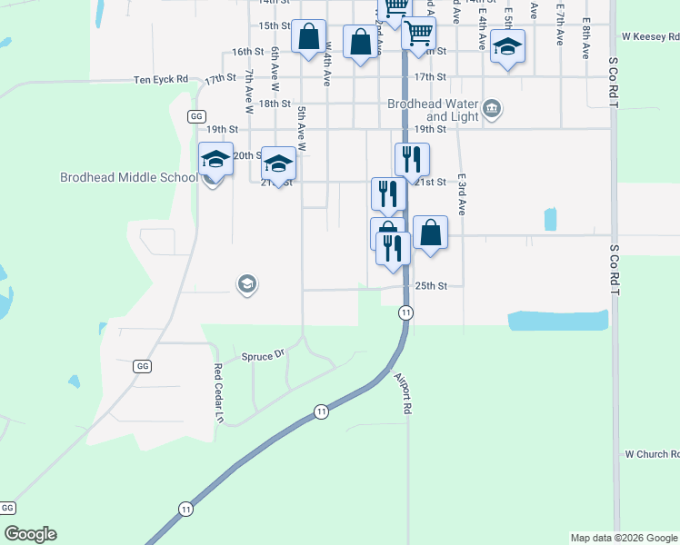 map of restaurants, bars, coffee shops, grocery stores, and more near 2308 5th Avenue West in Brodhead