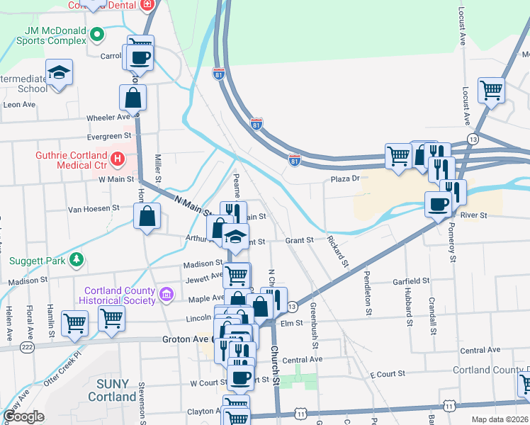map of restaurants, bars, coffee shops, grocery stores, and more near 20 East Main Street in Cortland