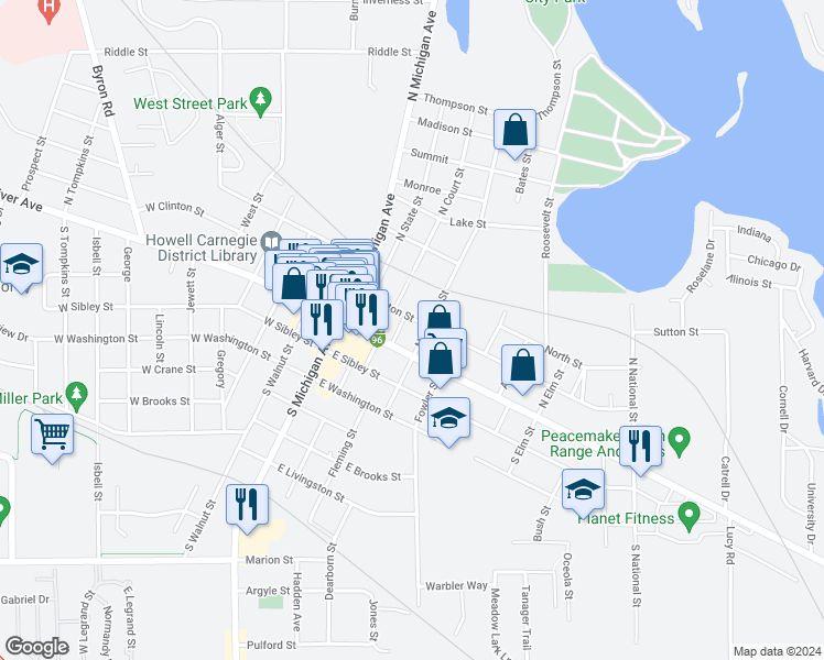 map of restaurants, bars, coffee shops, grocery stores, and more near 321 East Clinton Street in Howell