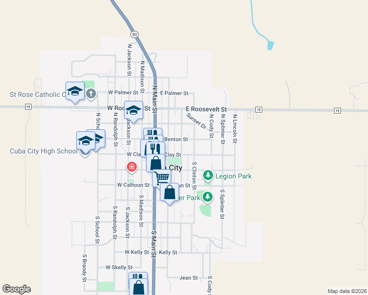 map of restaurants, bars, coffee shops, grocery stores, and more near 319 East Benton Street in Cuba City