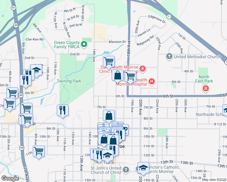 map of restaurants, bars, coffee shops, grocery stores, and more near 507 17th Avenue in Monroe
