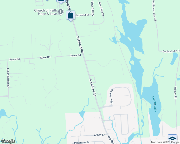 map of restaurants, bars, coffee shops, grocery stores, and more near 1800 North Milford Road in Milford Charter Township