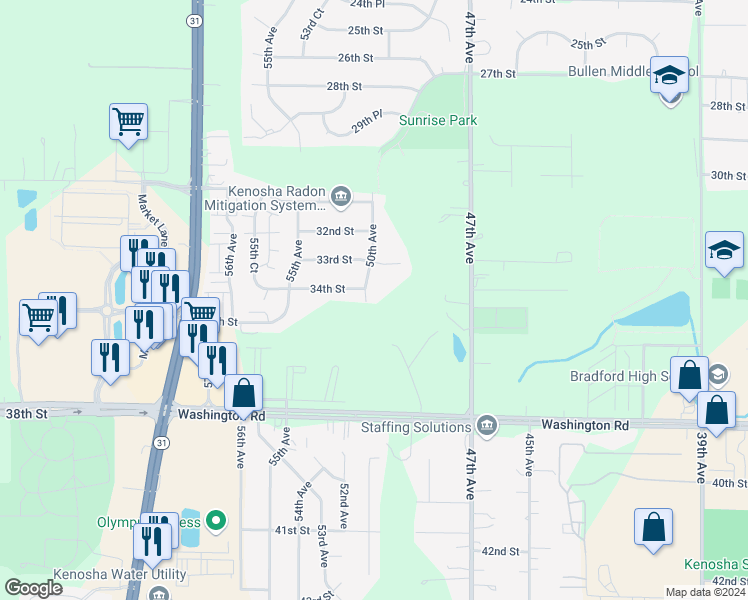 map of restaurants, bars, coffee shops, grocery stores, and more near 3411 50th Avenue in Kenosha