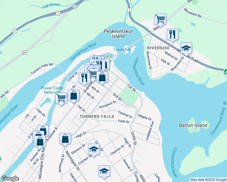 map of restaurants, bars, coffee shops, grocery stores, and more near 141 2nd Street in Montague