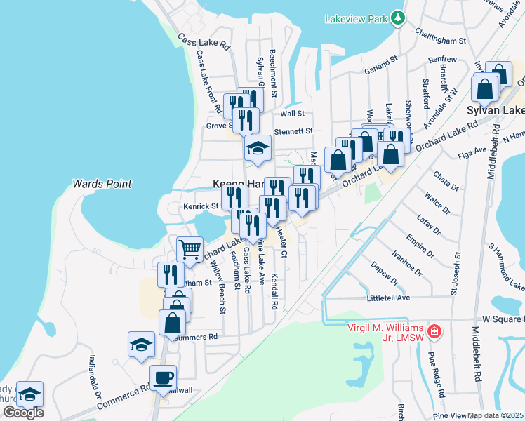map of restaurants, bars, coffee shops, grocery stores, and more near 2111 Cass Lake Road in Keego Harbor