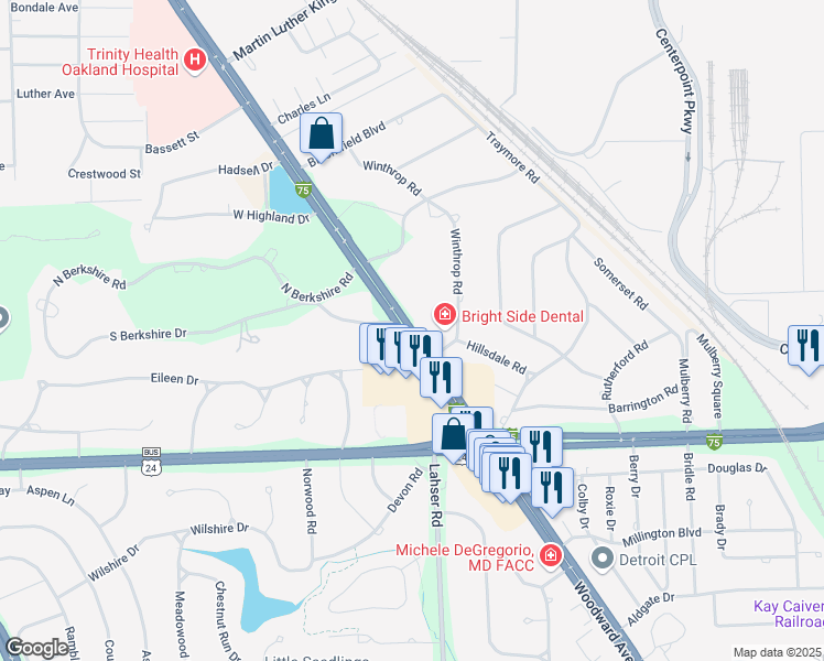 map of restaurants, bars, coffee shops, grocery stores, and more near 1925 Woodward Avenue in Bloomfield Hills