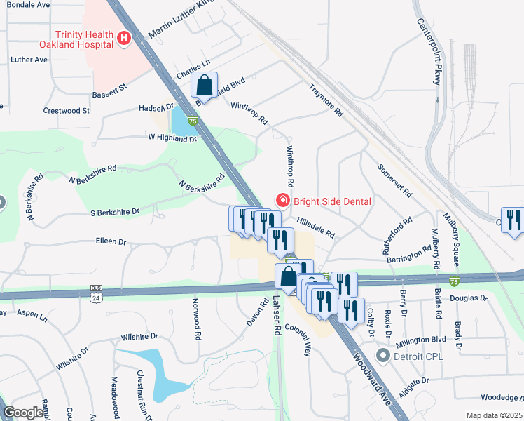 map of restaurants, bars, coffee shops, grocery stores, and more near 1925 Woodward Avenue in Bloomfield Hills