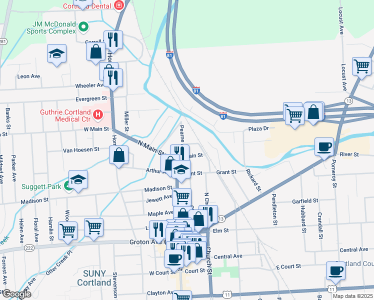 map of restaurants, bars, coffee shops, grocery stores, and more near 12 Pearne Avenue in Cortland