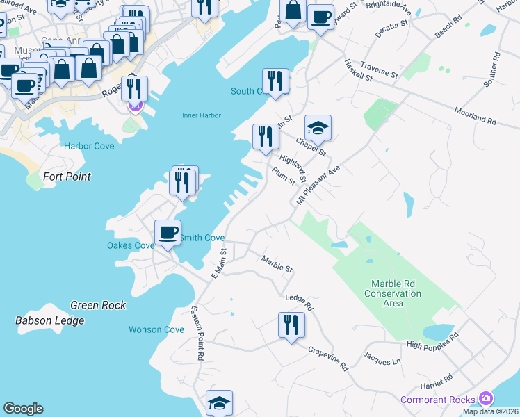 map of restaurants, bars, coffee shops, grocery stores, and more near 188 East Main Street in Gloucester