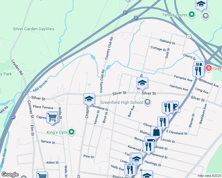 map of restaurants, bars, coffee shops, grocery stores, and more near 25 Country Club Road in Greenfield