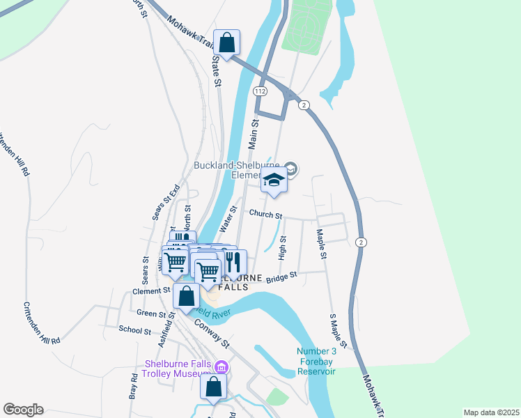 map of restaurants, bars, coffee shops, grocery stores, and more near 5 Adams Court in Shelburne Falls