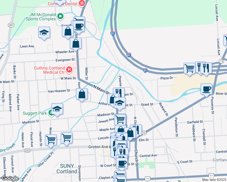 map of restaurants, bars, coffee shops, grocery stores, and more near 12 Pearne Avenue in Cortland