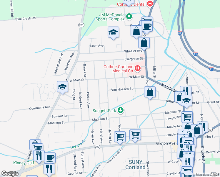 map of restaurants, bars, coffee shops, grocery stores, and more near 76 Hamlin Street in Cortland