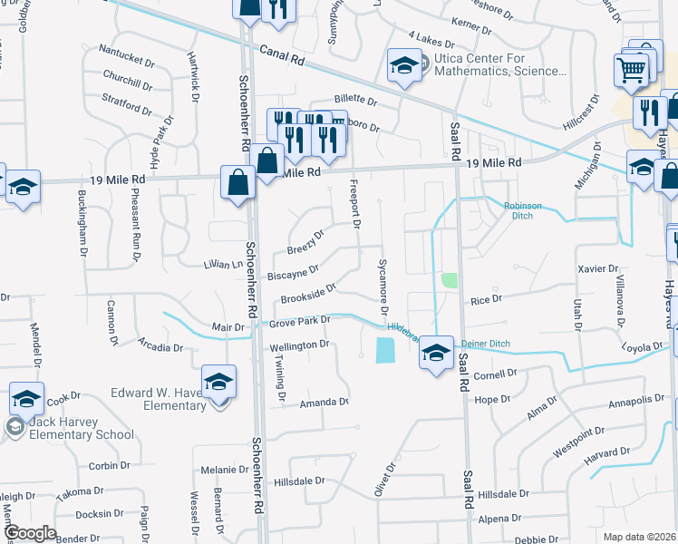 map of restaurants, bars, coffee shops, grocery stores, and more near 13937 Brookside Drive in Sterling Heights