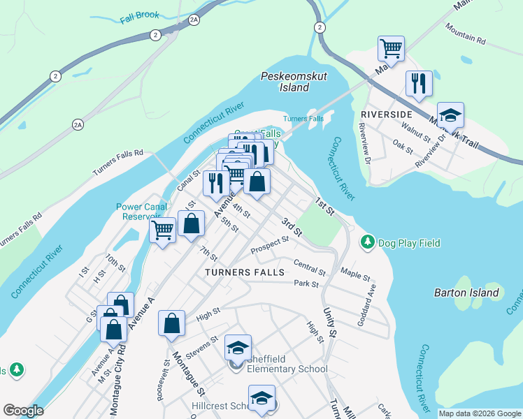 map of restaurants, bars, coffee shops, grocery stores, and more near 66 L Street in Montague