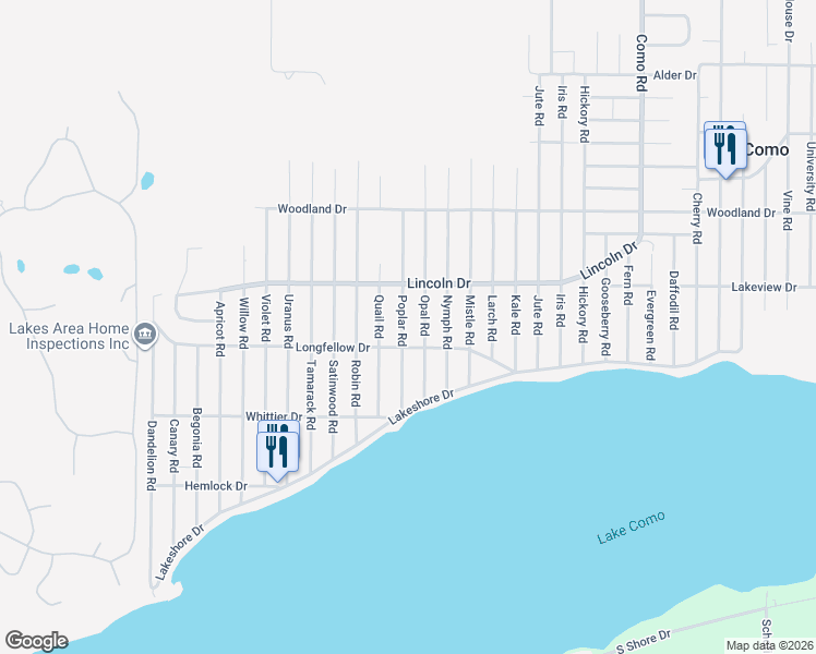 map of restaurants, bars, coffee shops, grocery stores, and more near N3180 Quail Road in Lake Geneva
