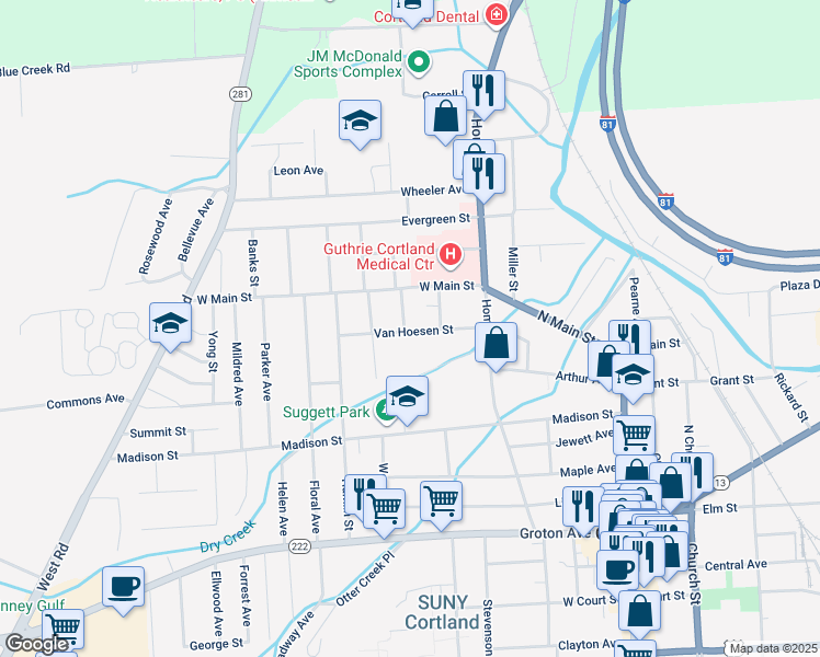 map of restaurants, bars, coffee shops, grocery stores, and more near 13 Joy Street in Cortland