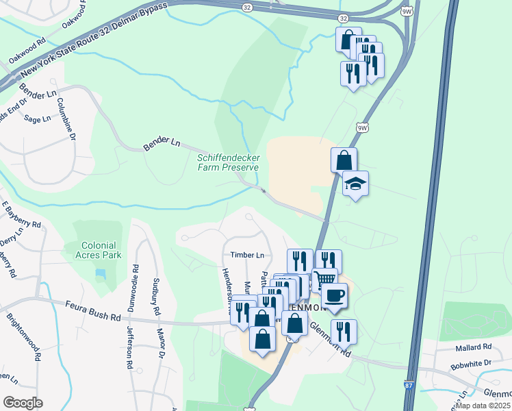 map of restaurants, bars, coffee shops, grocery stores, and more near 340 Bender Lane in Glenmont