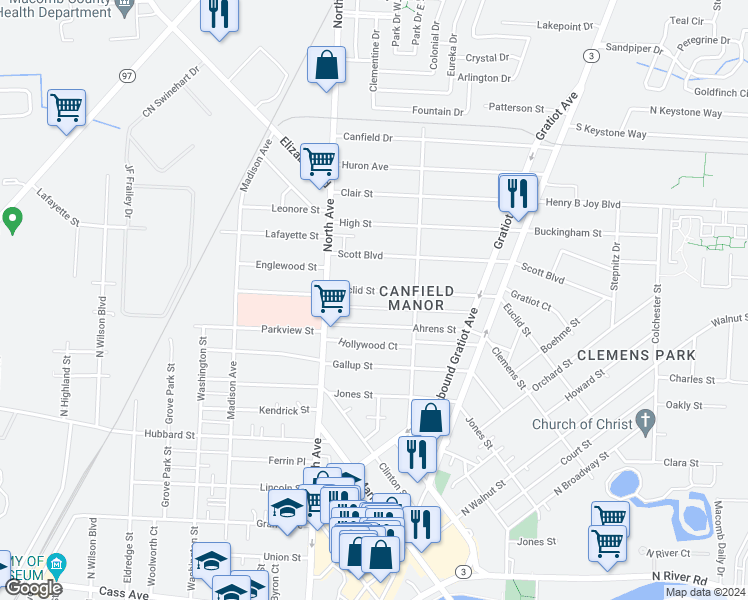 map of restaurants, bars, coffee shops, grocery stores, and more near 294 Euclid Street in Mount Clemens