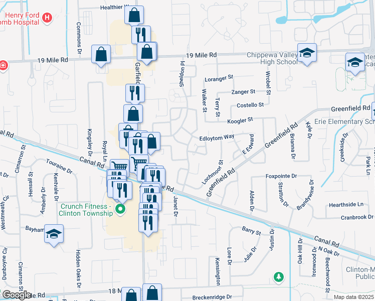 map of restaurants, bars, coffee shops, grocery stores, and more near 42326 Edloytom Way in Clinton Township