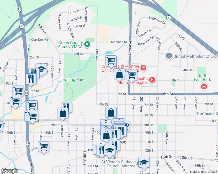 map of restaurants, bars, coffee shops, grocery stores, and more near 509 16th Avenue in Monroe