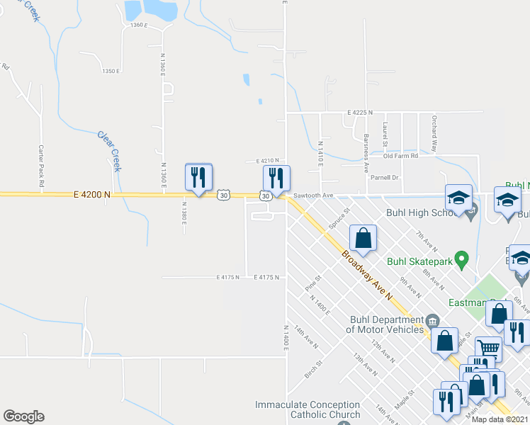map of restaurants, bars, coffee shops, grocery stores, and more near 419 Fruitland Avenue in Buhl