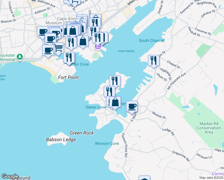 map of restaurants, bars, coffee shops, grocery stores, and more near 14 Clarendon Street in Gloucester