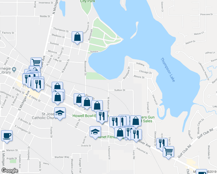 map of restaurants, bars, coffee shops, grocery stores, and more near 421 North National in Howell