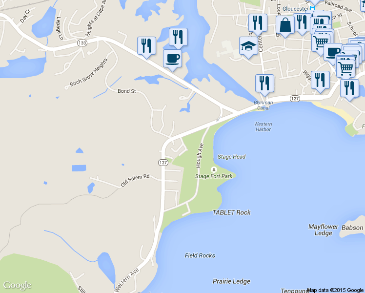map of restaurants, bars, coffee shops, grocery stores, and more near 7 Stage Fort Avenue in Gloucester