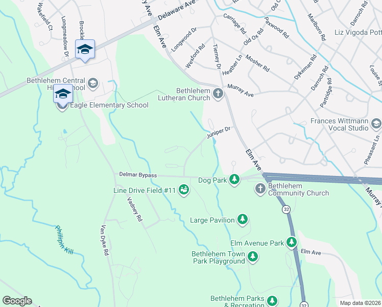 map of restaurants, bars, coffee shops, grocery stores, and more near 104 Elkin Court in Delmar