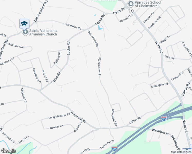 map of restaurants, bars, coffee shops, grocery stores, and more near 32 Brentwood Road in Chelmsford