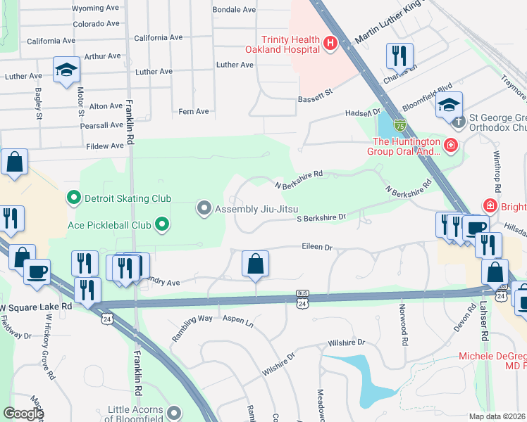map of restaurants, bars, coffee shops, grocery stores, and more near 355 North Berkshire Road in Oakland County