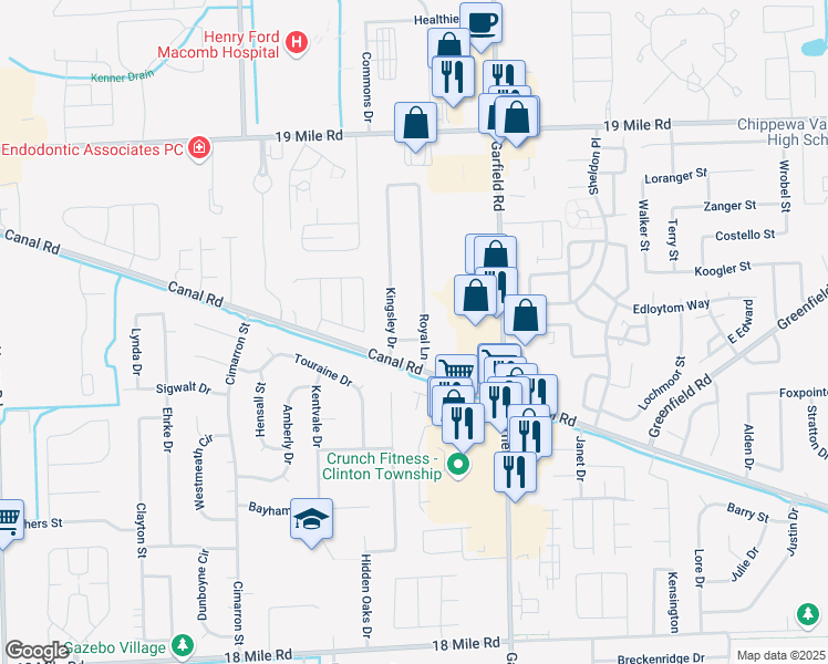 map of restaurants, bars, coffee shops, grocery stores, and more near 42249 Royal Lane in Clinton Township