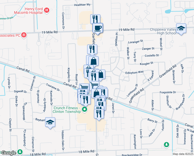 map of restaurants, bars, coffee shops, grocery stores, and more near 42281 Garfield Road in Clinton Township