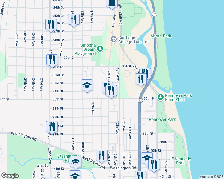 map of restaurants, bars, coffee shops, grocery stores, and more near 3307 14th Avenue in Kenosha