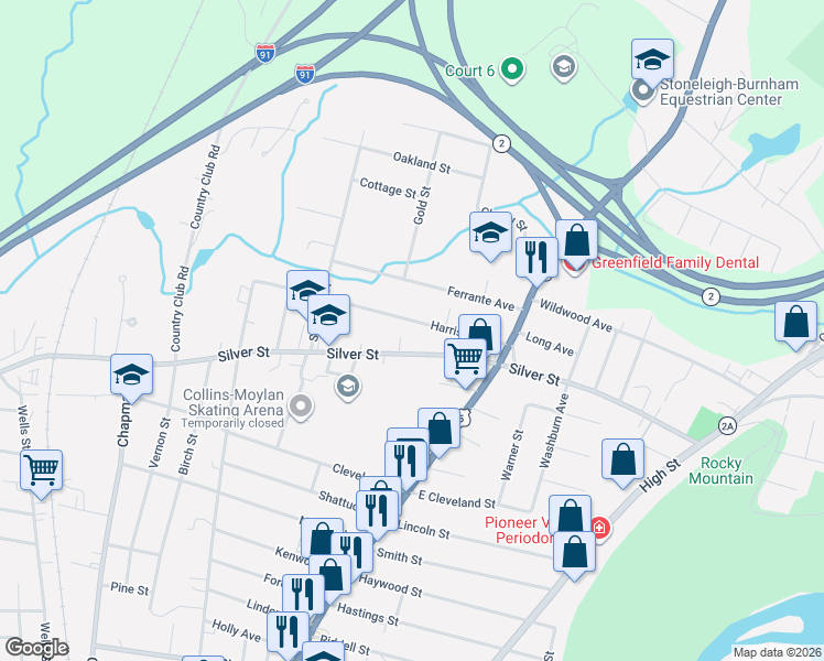map of restaurants, bars, coffee shops, grocery stores, and more near 60 Harrison Avenue in Greenfield