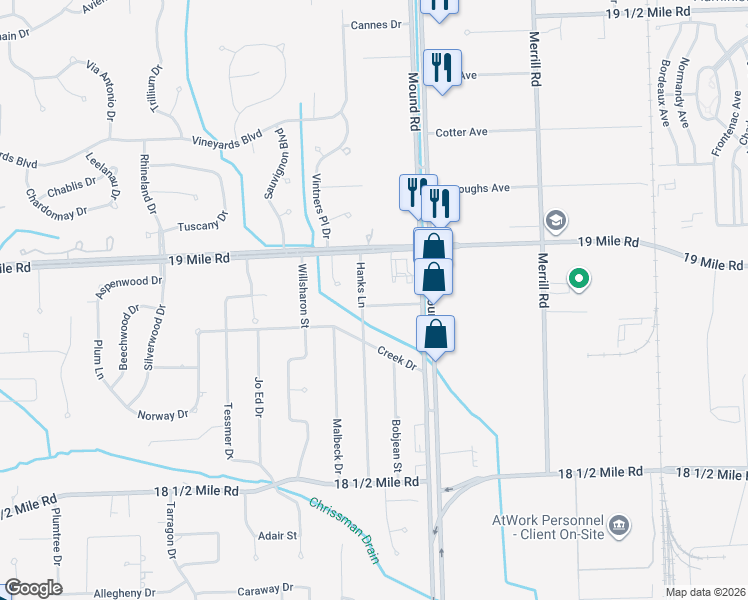 map of restaurants, bars, coffee shops, grocery stores, and more near 42876 Hanks Lane in Sterling Heights