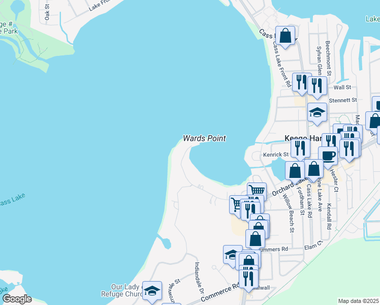 map of restaurants, bars, coffee shops, grocery stores, and more near 3680 Wards Point Drive in Orchard Lake Village