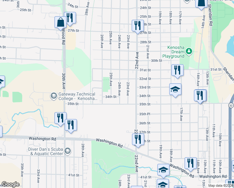 map of restaurants, bars, coffee shops, grocery stores, and more near 3306 24th Avenue in Kenosha