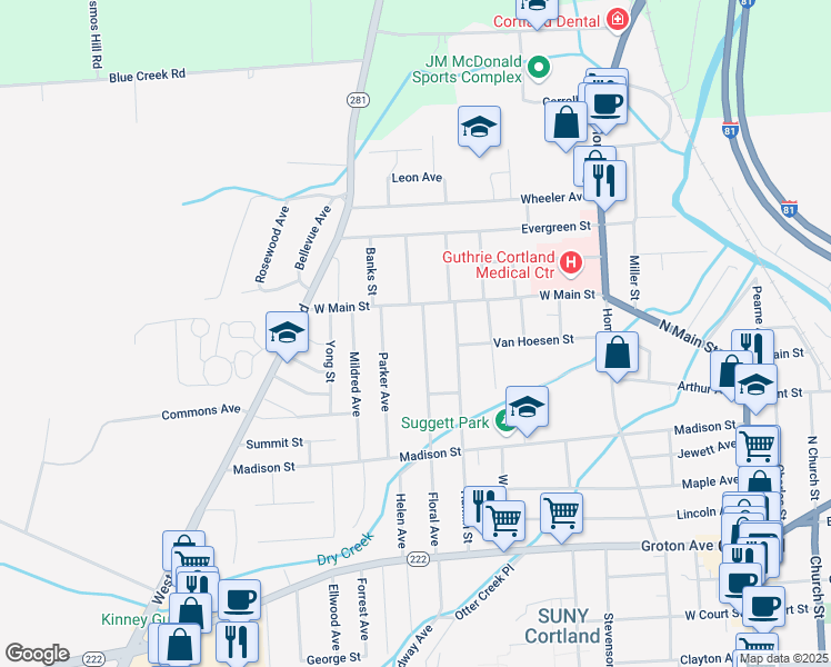 map of restaurants, bars, coffee shops, grocery stores, and more near 73 West Main Street in Cortland