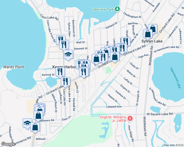 map of restaurants, bars, coffee shops, grocery stores, and more near 2695 Orchard Lake Road in Keego Harbor