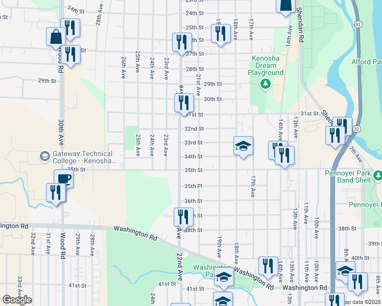 map of restaurants, bars, coffee shops, grocery stores, and more near 2114 34th Street in Kenosha