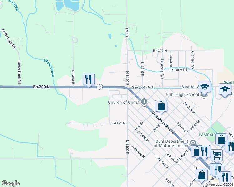map of restaurants, bars, coffee shops, grocery stores, and more near 419 Fruitland Avenue in Buhl