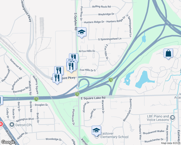 map of restaurants, bars, coffee shops, grocery stores, and more near 502 North Fox Hills Drive in Bloomfield Hills