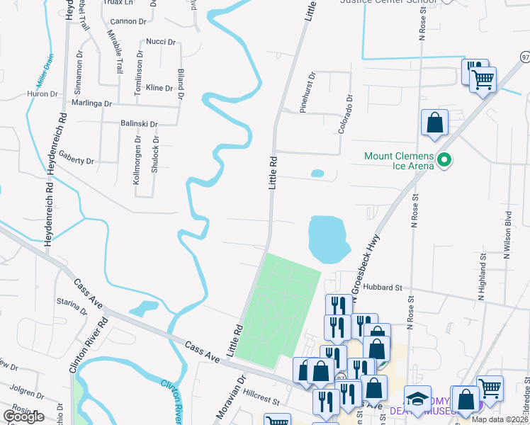 map of restaurants, bars, coffee shops, grocery stores, and more near 42125 Little Road in Clinton Township